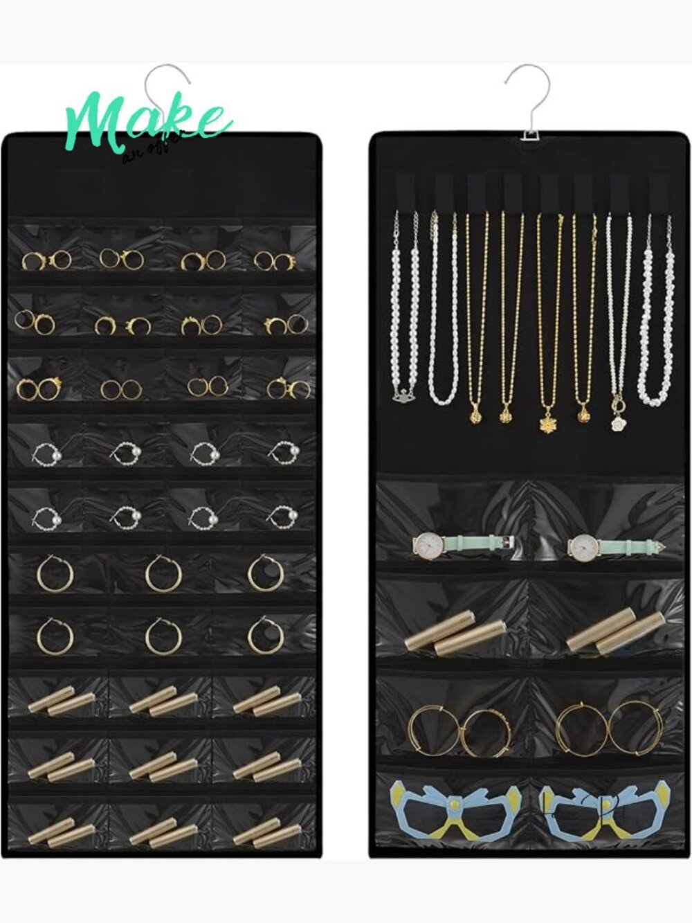 Hanging Jewelry Organizer with 43 Multi-Size Pockets, Double-Sided, for Closet